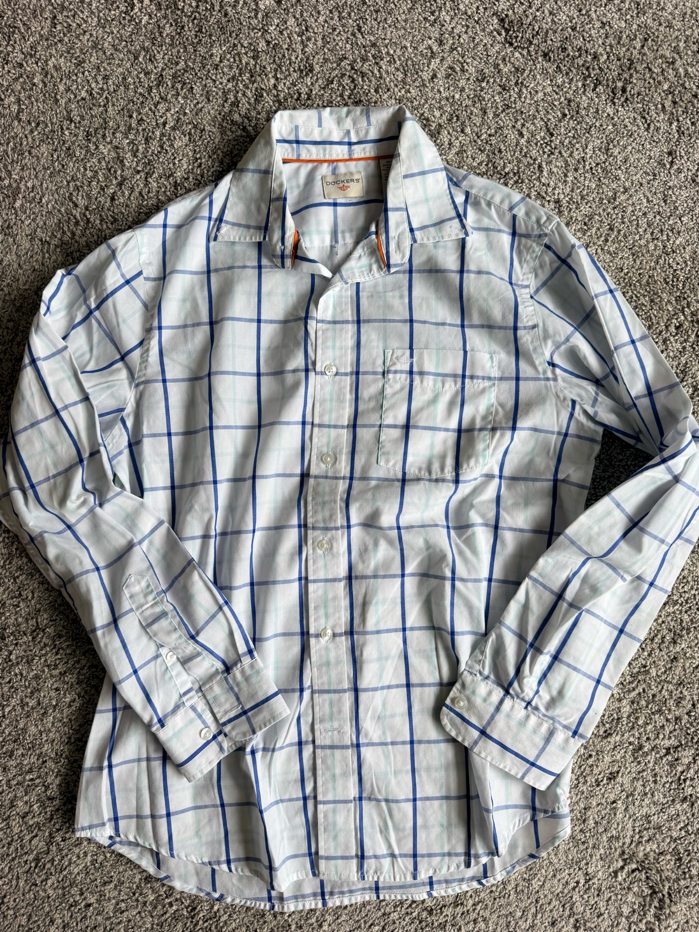Dockers Men's White Button-Down Shirt with Blue Windowpane Grid